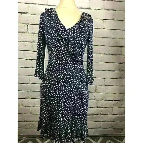 Boden Womens Size 8R Blue Floral 3/4 Sleeve Knee Length Dress Ruffled - Picture 1 of 8